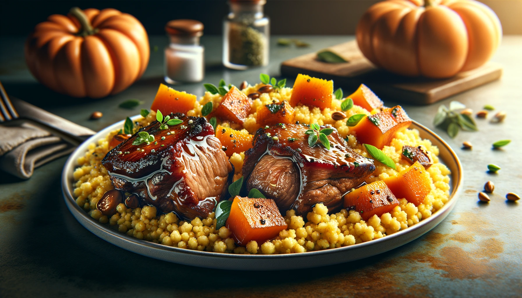 carrilleras con cuscus de calabaza